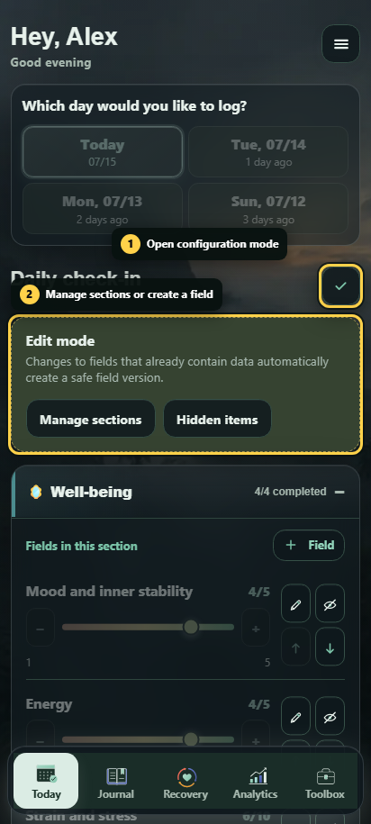 Annotated edit mode showing section and field actions