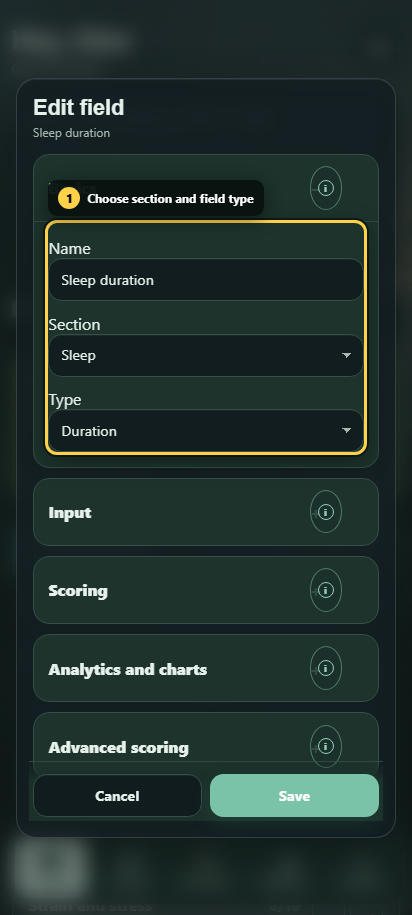 Annotated field editor showing section, type and goal direction