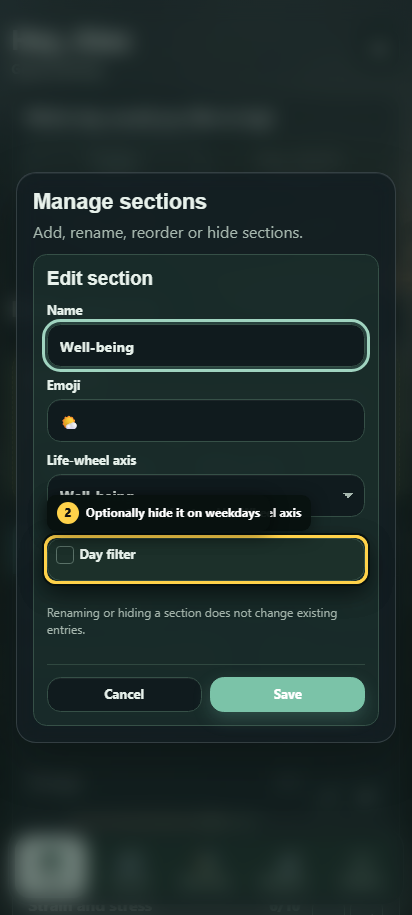 Annotated section editor showing the Life Wheel assignment