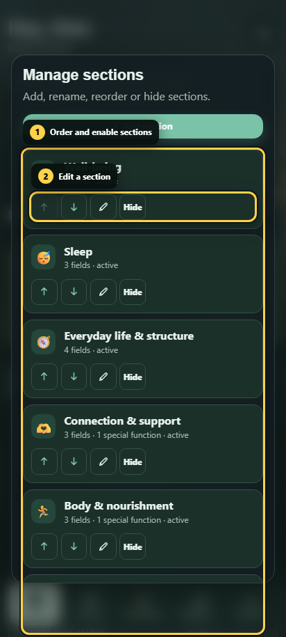 Annotated section management showing order and edit actions