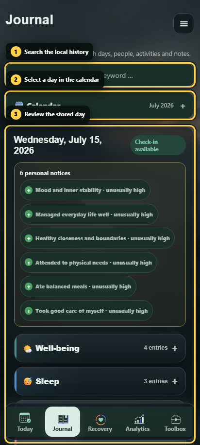 Annotated Steady Journal with search, calendar and daily details