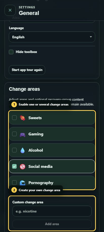 Annotated Recovery configuration showing existing and custom change areas