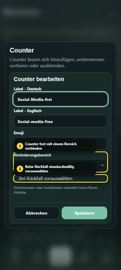 Annotierte Counter-Konfiguration mit Veränderungsbereich und Rückfall-Vorauswahl