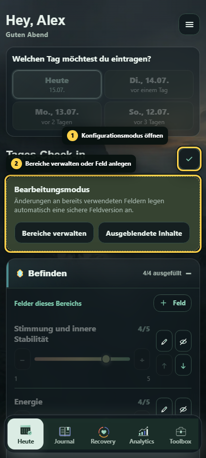 Annotierter Bearbeitungsmodus mit Bereichs- und Feldaktionen