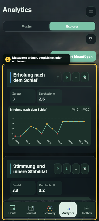 Annotierter Steady-Explorer mit Messwertauswahl und Dashboardkarten