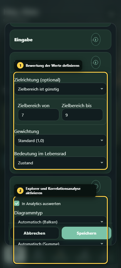 Annotierter Feldeditor mit Radar-Rolle und Analytics-Freigabe