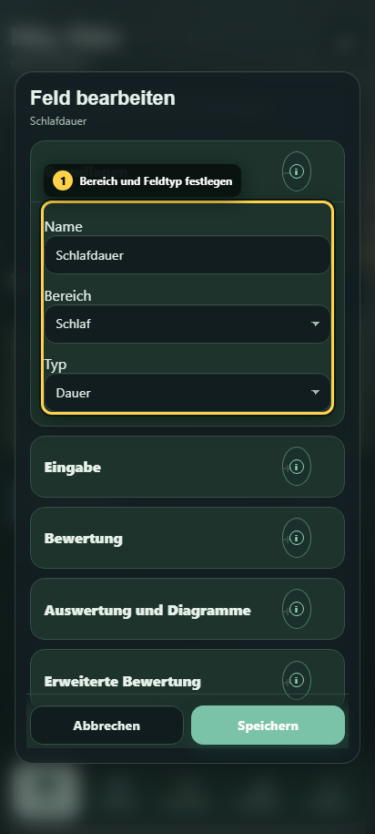 Annotierter Feldeditor mit Bereich, Typ und Zielrichtung