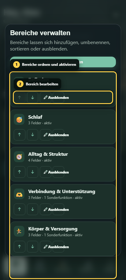 Annotierte Bereichsverwaltung mit Reihenfolge und Bearbeitungsaktionen