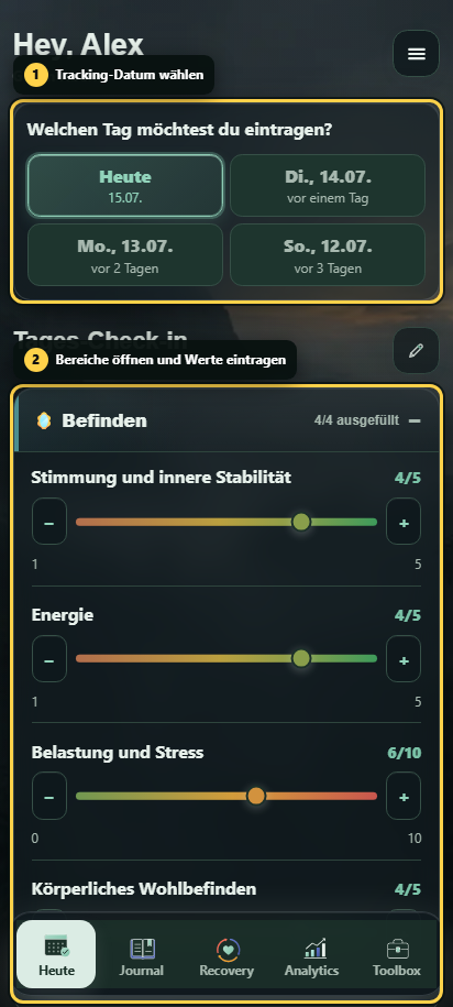 Annotierte Steady-Ansicht Heute mit Tracking-Datum, Bereichen und Speicherstatus